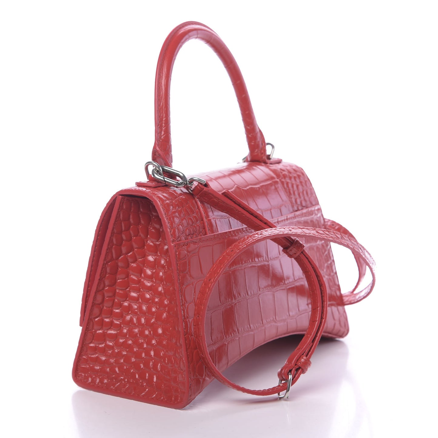 Shiny Calfskin Tonal B Crocodile Embossed Small Hourglass Top Handle Bag Bright Red