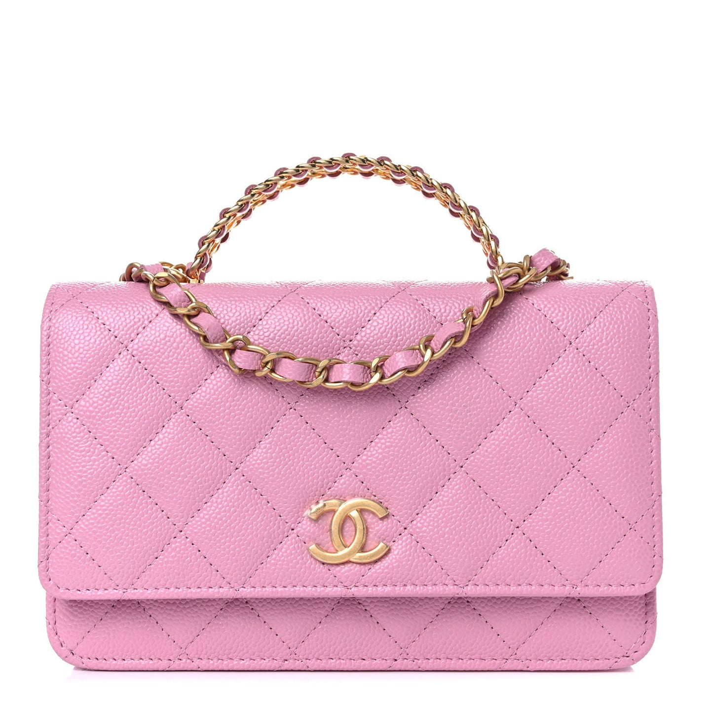 Shiny Caviar Quilted Pick Me Up Wallet On Chain WOC Pink