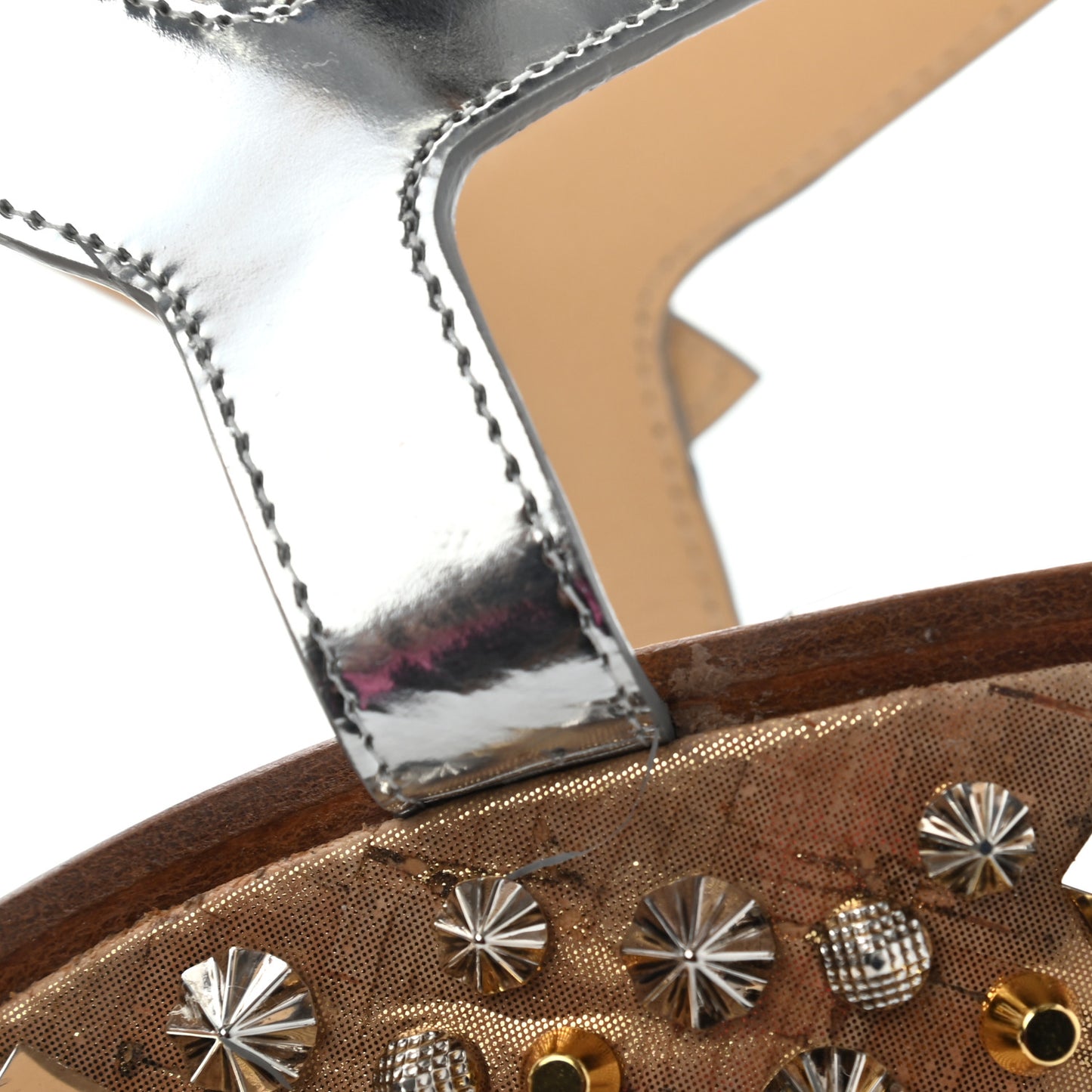 Calfskin Lame Cork Almericca 120 Studded Wedge Sandals 41 Silver