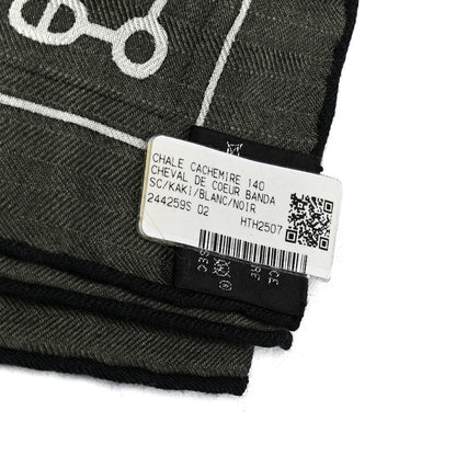 Hermes Cashmere Silk Cheval De Coeur Bandana Shawl 140 Kaki White Black 2 of 4