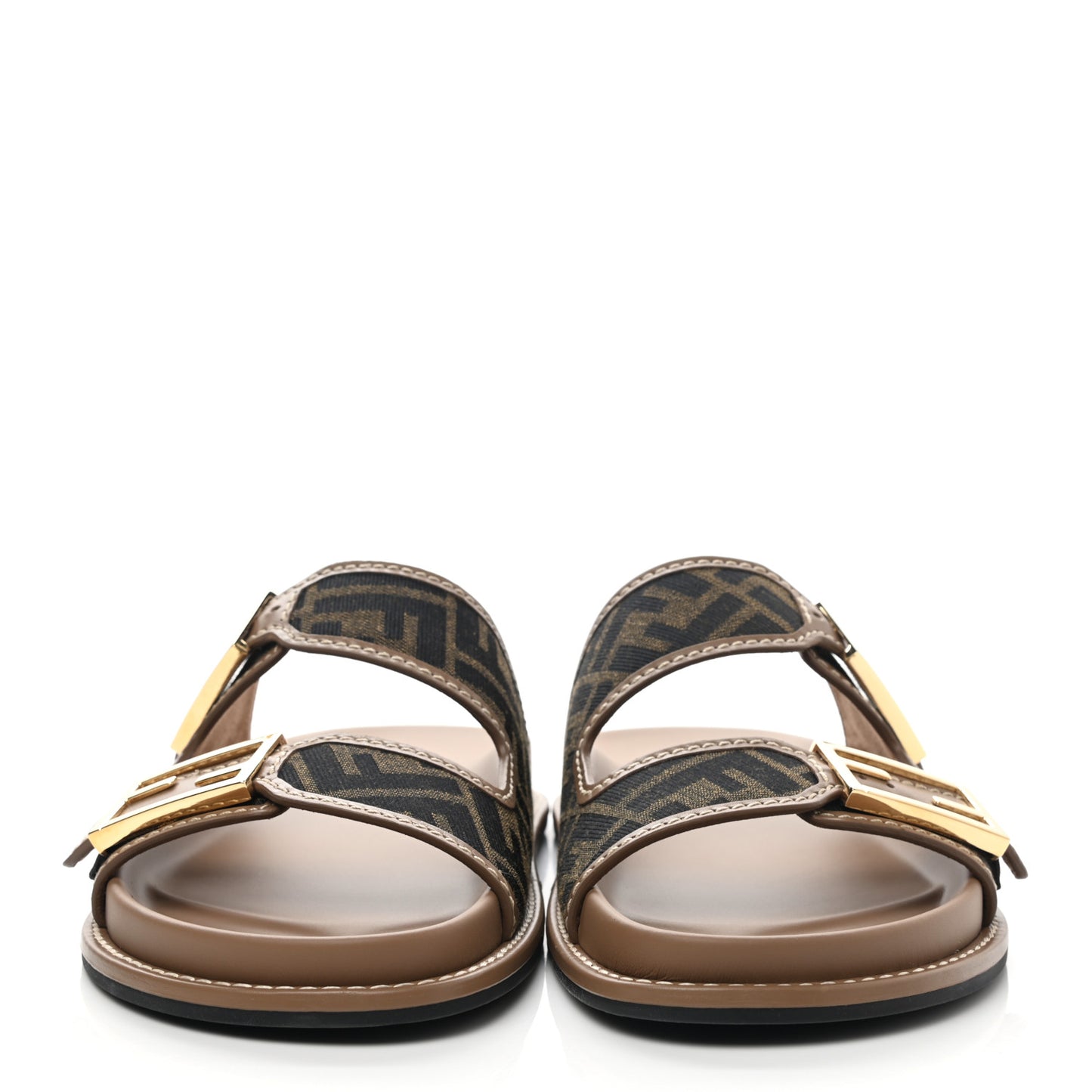 Fabric Jacquard Nappa FF Womens Fendi Feel Buckled Slide Sandals 41 Tobacco Black Miele Scuro