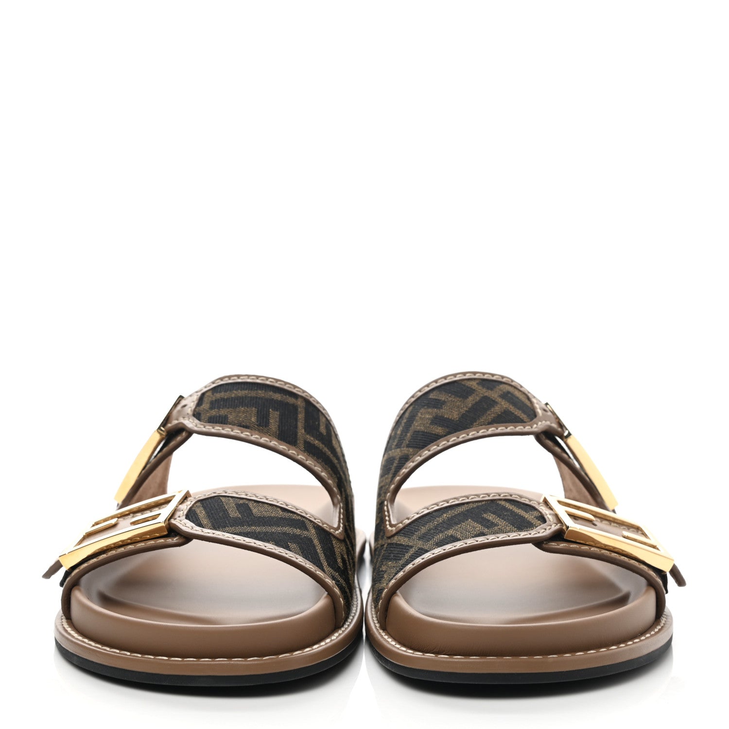 Fendi Fabric Jacquard Nappa FF Womens Fendi Feel Buckled Slide Sandals 41 Tobacco Black Miele Scuro 3 of 18