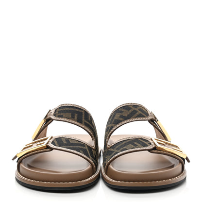 Fendi Fabric Jacquard Nappa FF Womens Fendi Feel Buckled Slide Sandals 41 Tobacco Black Miele Scuro 3 of 18