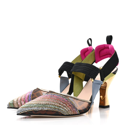 Fendi Technical Mesh FF Rainbow Beaded Colibri 85mm Slingback Pumps 37.5 Tobacco Black Multicolor 6 of 16