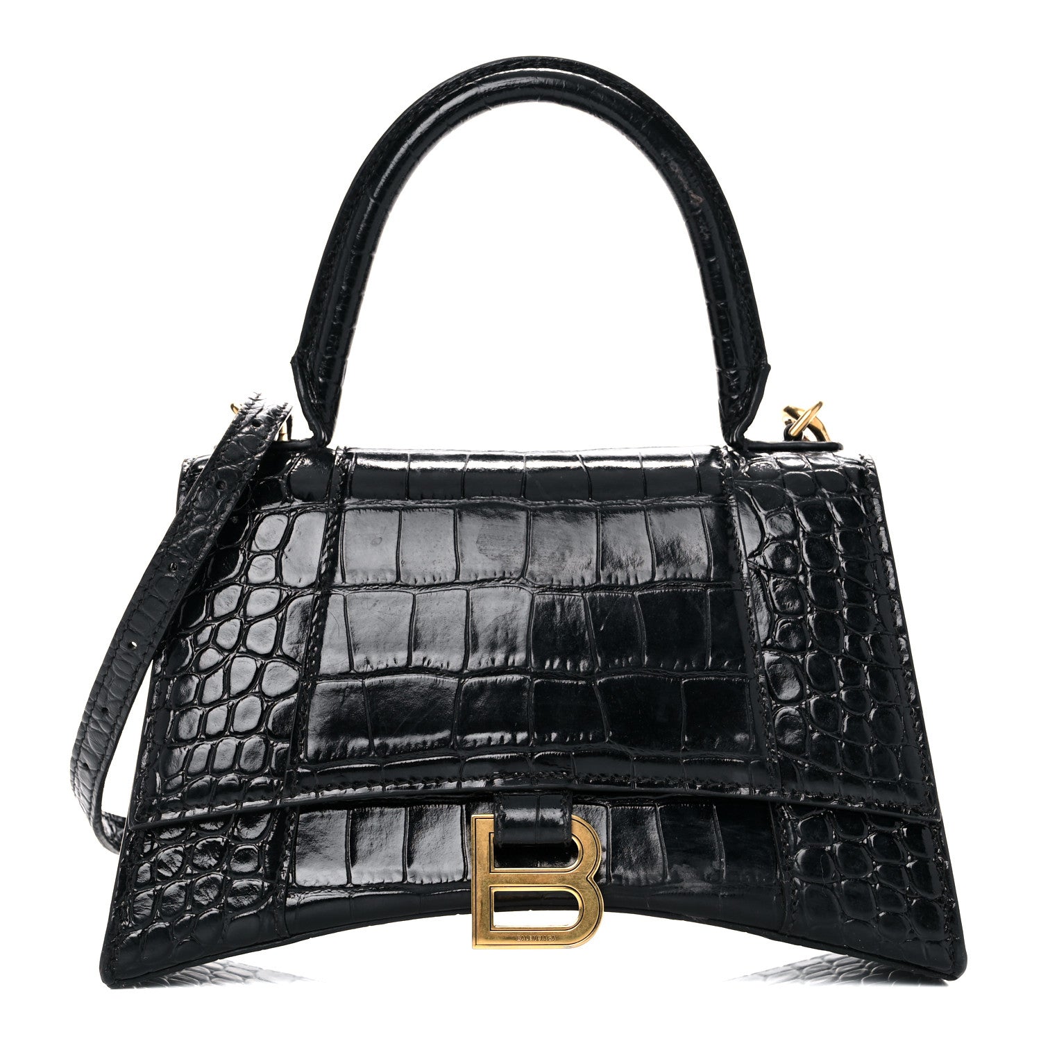 Balenciaga Shiny Calfskin Crocodile Embossed Small Hourglass Top Handle Bag Black 1 of 21