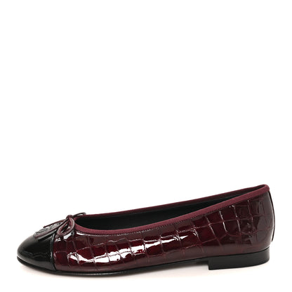Chanel Crocodile Embossed Patent CC Cap Toe Ballerina Flats 40 Burgundy 1 of 9