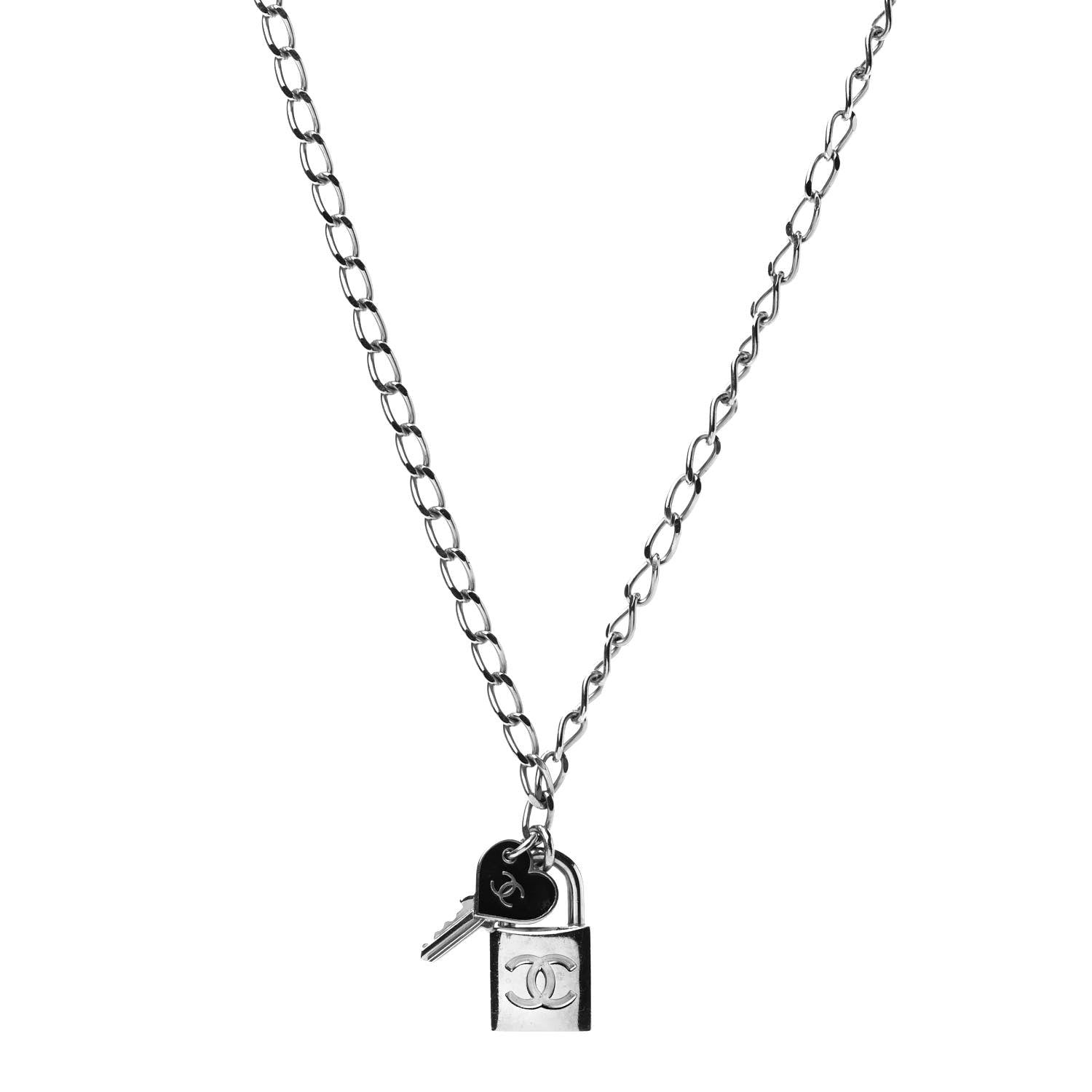 Chanel Enamel CC Padlock Heart Key Necklace Black Silver 1 of 7