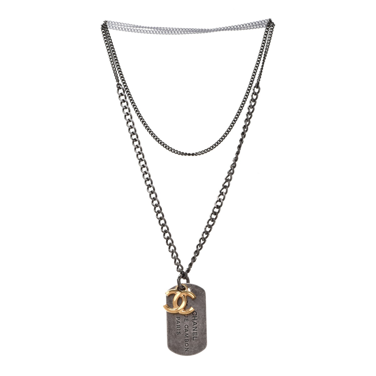 Chanel Ruthenium ID Dog Tag Charm Necklace Silver Gold 3 of 6