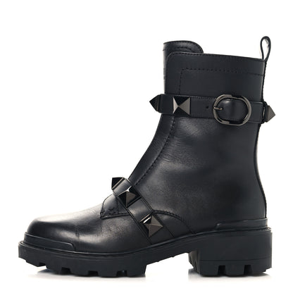 Valentino Garavani Calfskin Tonal Roman Stud 20/40mm Combat Boots 36.5 Black 1 of 9