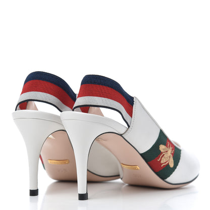 Gucci Malaga Kid Web Sylvie Mid Heel Slingback Pumps 35.5 White 4 of 9