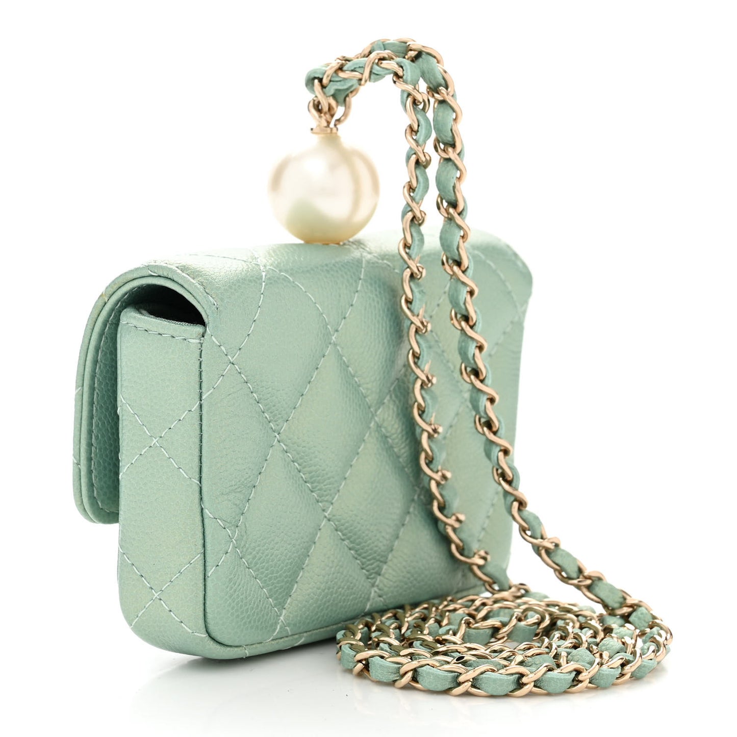 Iridescent Caviar Quilted Pearl On Top Coin Purse With Chain Light Green