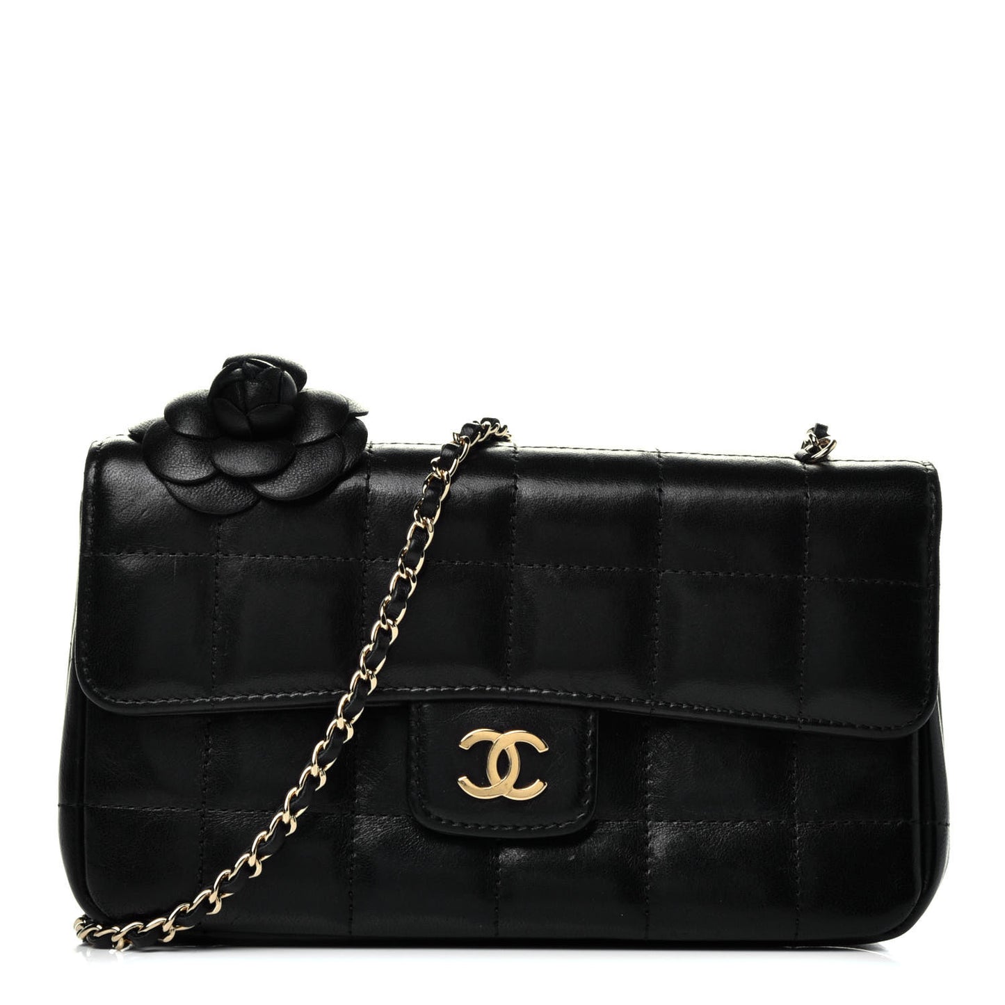 Lambskin Quilted Mini Chocolate Bar Camellia Flap Black