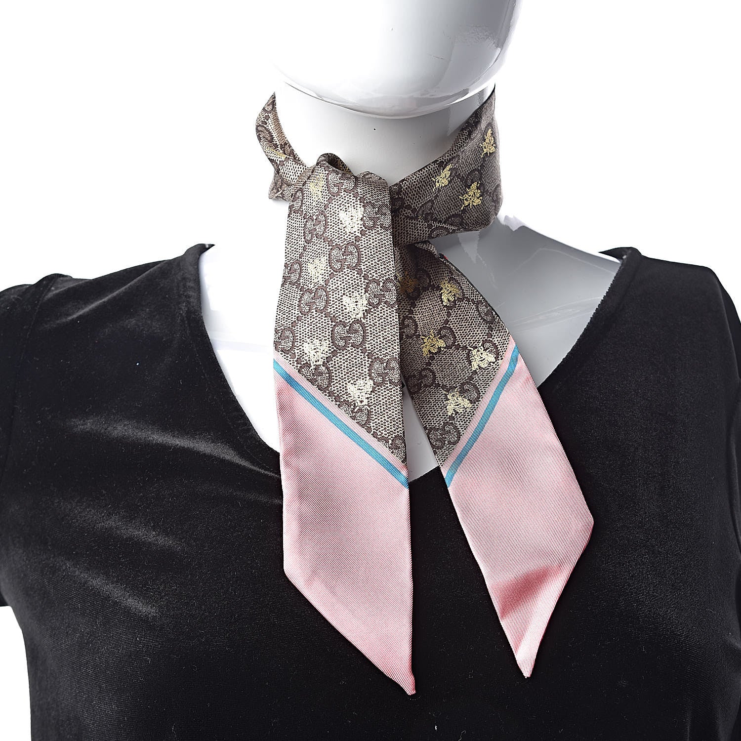 Gucci Silk Twill GG Monogram GG Bee Neck Bow Scarf Roseate Sky Blue 2 of 4