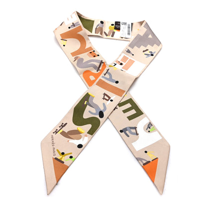 Hermes Silk Figures Libres Twilly Beige Vert Orange 1 of 3