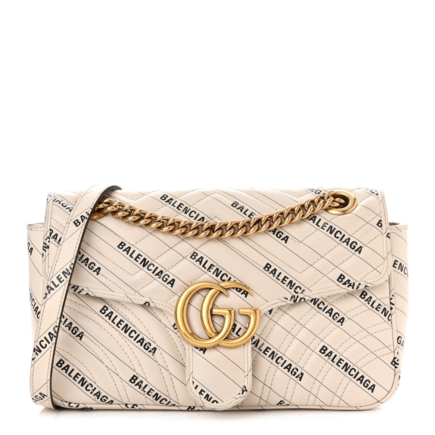 X BALENCIAGA Calfskin Matelasse Logo Print Small GG Marmont Shoulder Bag White
