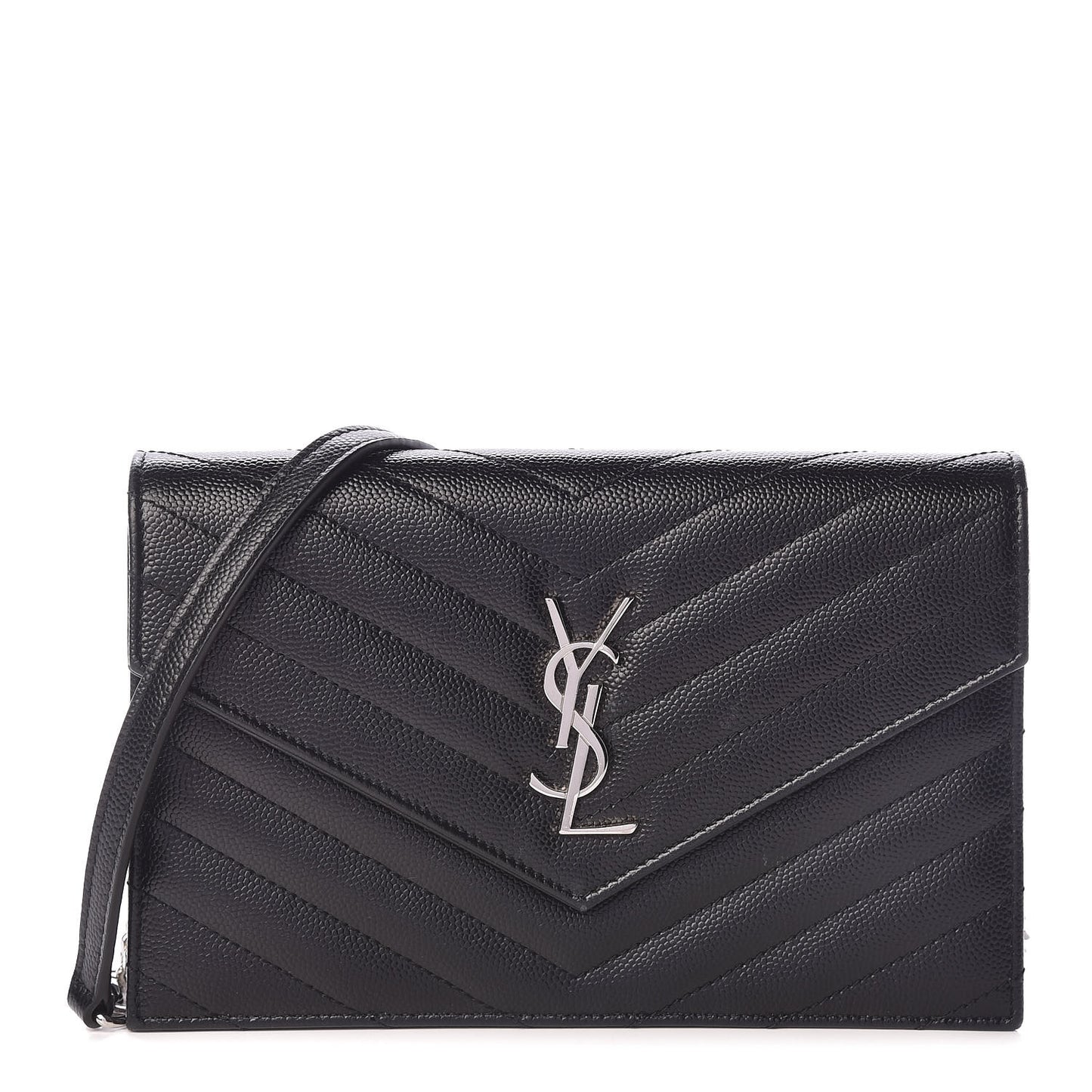 Grain De Poudre Matelasse Chevron Monogram Envelope Chain Wallet Black