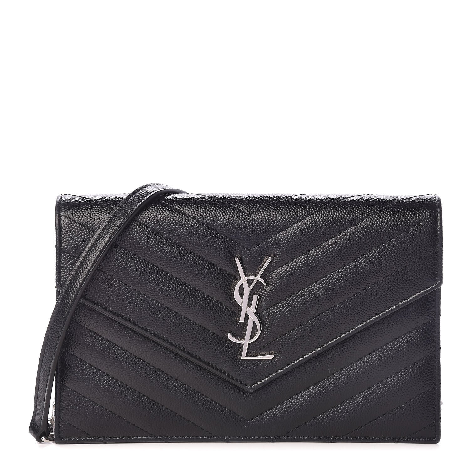 Saint Laurent Grain De Poudre Matelasse Chevron Monogram Envelope Chain Wallet Black 1 of 13