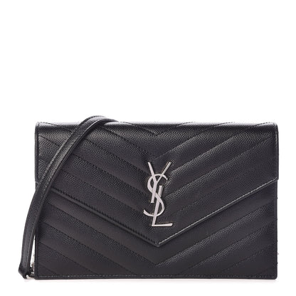 Saint Laurent Grain De Poudre Matelasse Chevron Monogram Envelope Chain Wallet Black 1 of 13