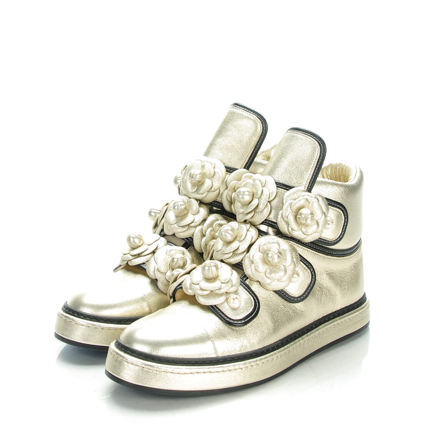 Metallic Lambskin Pearl Camellia High Top Sneakers 40 Gold