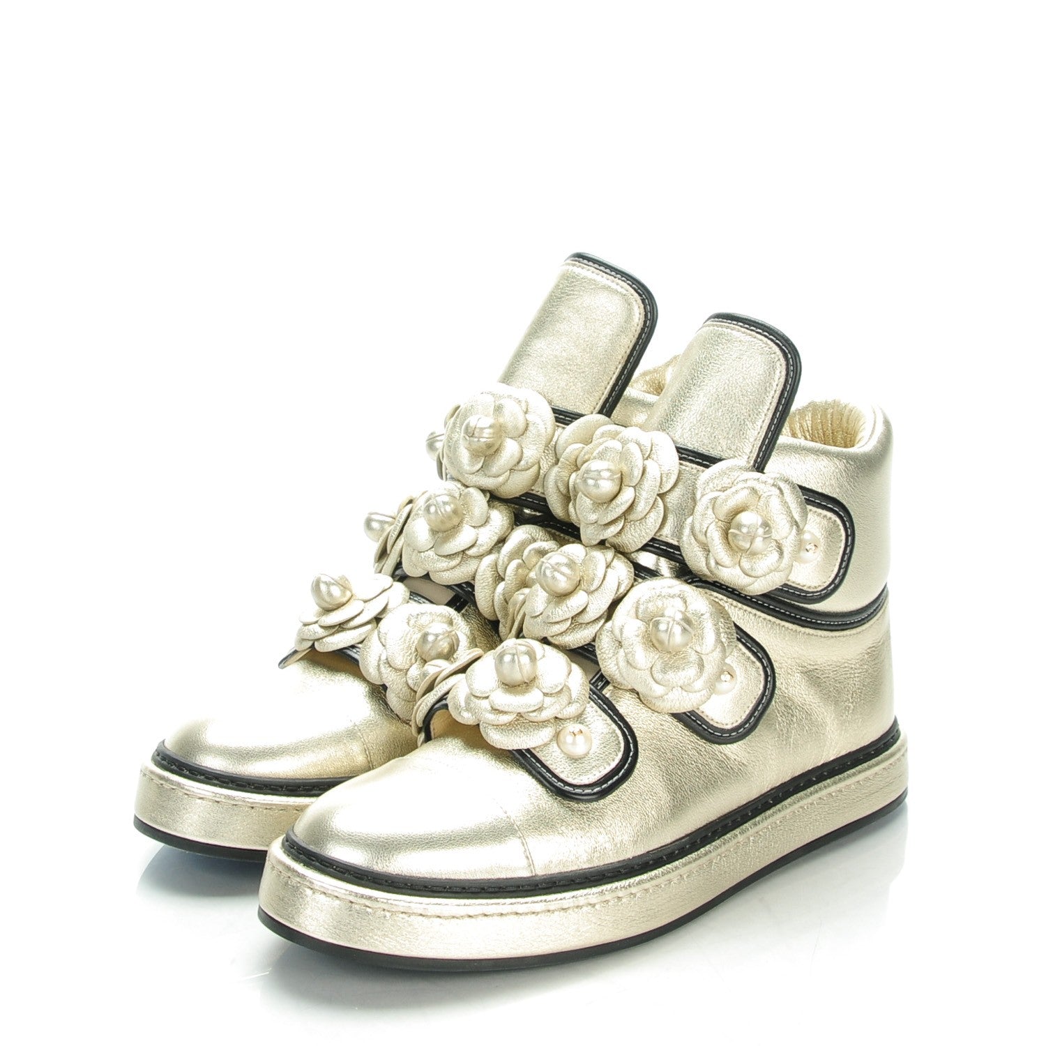 Chanel Metallic Lambskin Pearl Camellia High Top Sneakers 40 Gold 3 of 8