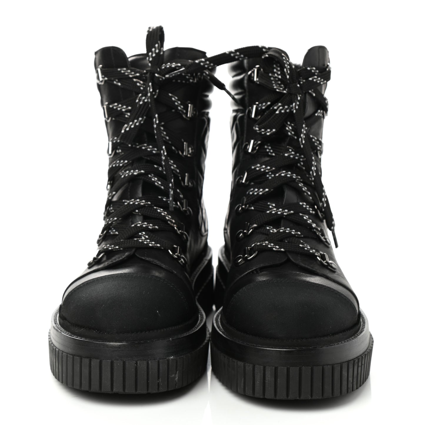 Calfskin Grosgrain Quilted Lace Up Boots 39 Black Grey