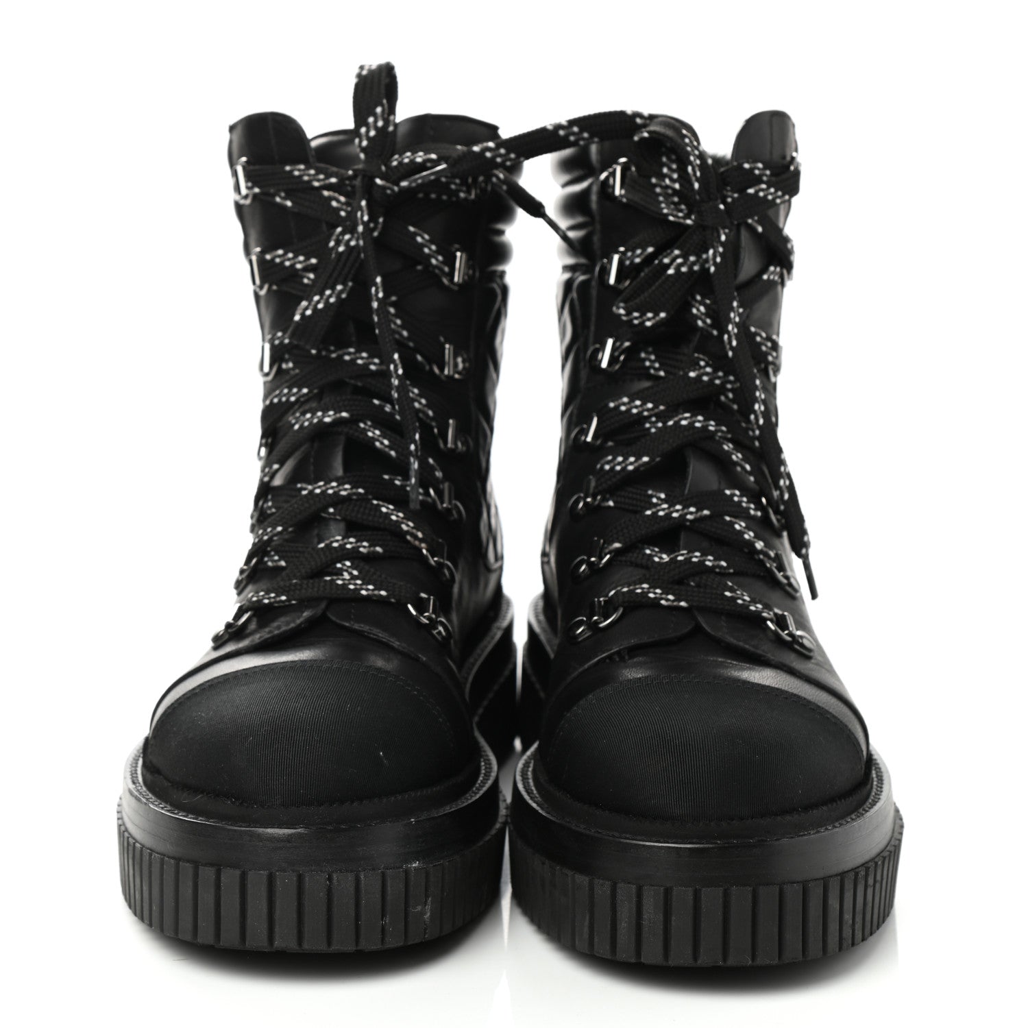 Chanel Calfskin Grosgrain Quilted Lace Up Boots 39 Black Grey 1 of 9