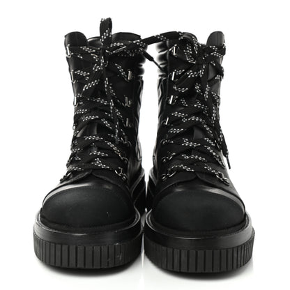 Chanel Calfskin Grosgrain Quilted Lace Up Boots 39 Black Grey 1 of 9