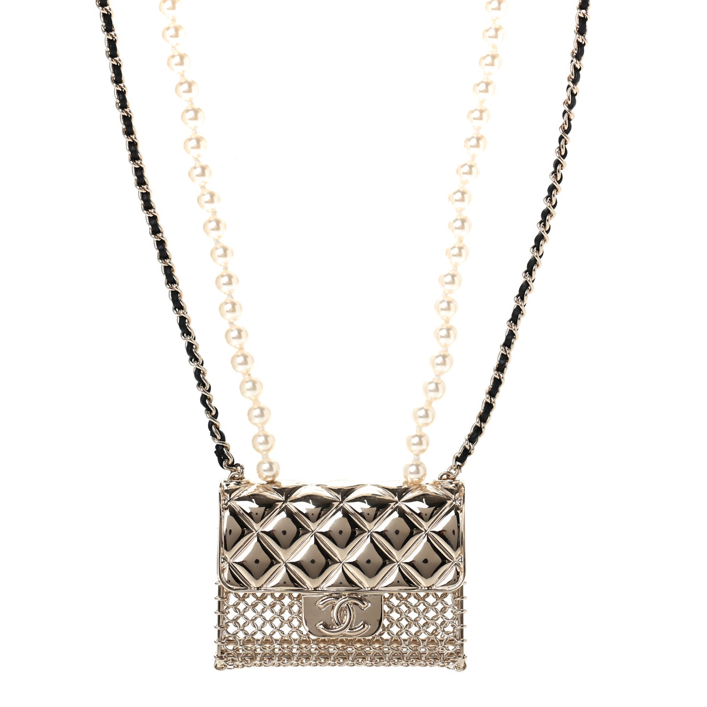 Metal Lambskin Pearl Chain Flap Bag Long Necklace Gold Black Pearly White