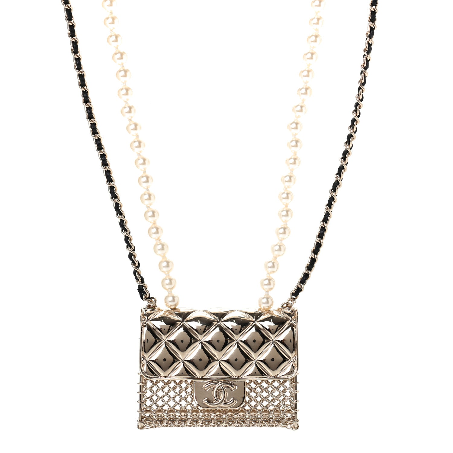 Chanel Metal Lambskin Pearl Chain Flap Bag Long Necklace Gold Black Pearly White 1 of 3