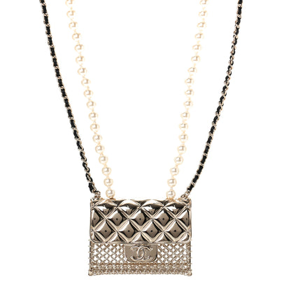 Chanel Metal Lambskin Pearl Chain Flap Bag Long Necklace Gold Black Pearly White 1 of 3