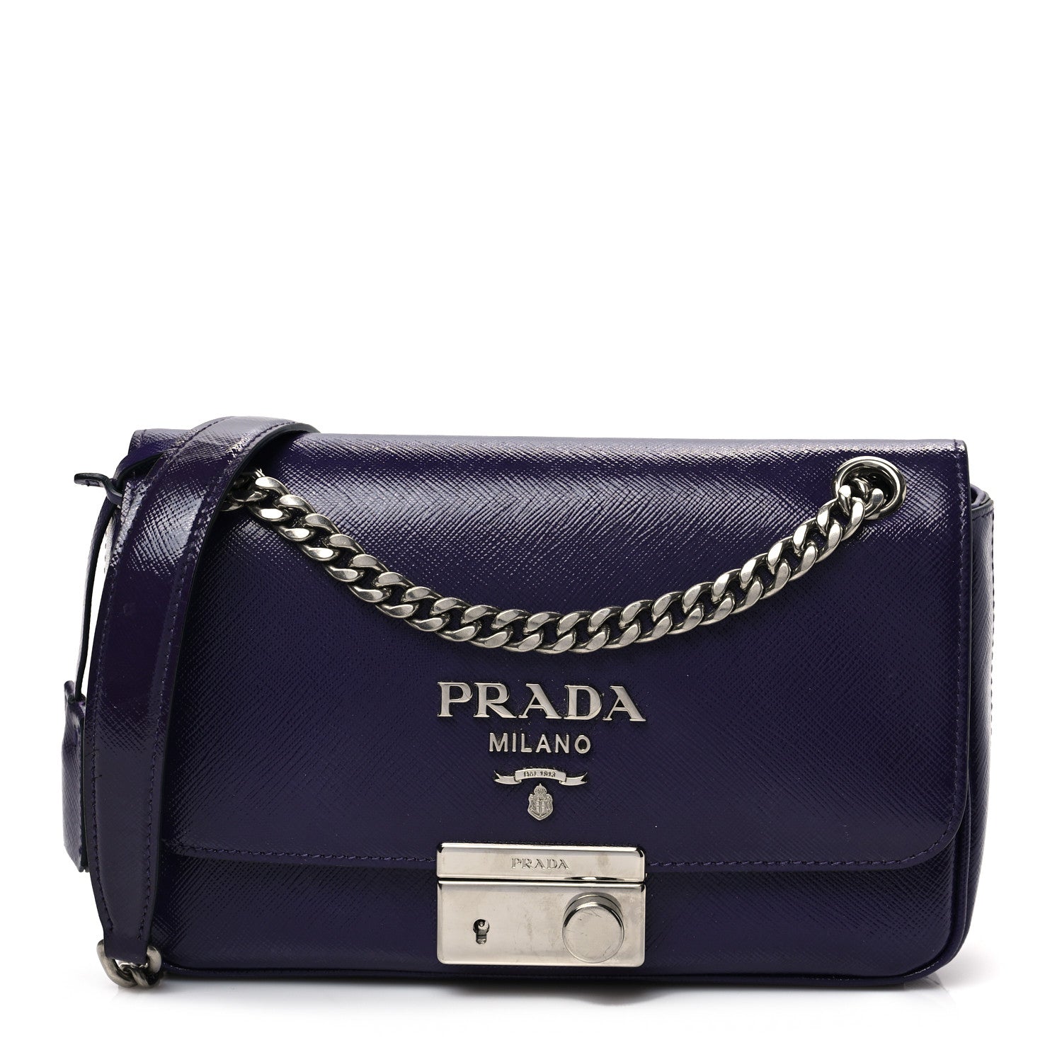 Prada Saffiano Vernice Sound Flap Chain Crossbody Bag Viola 1 of 7