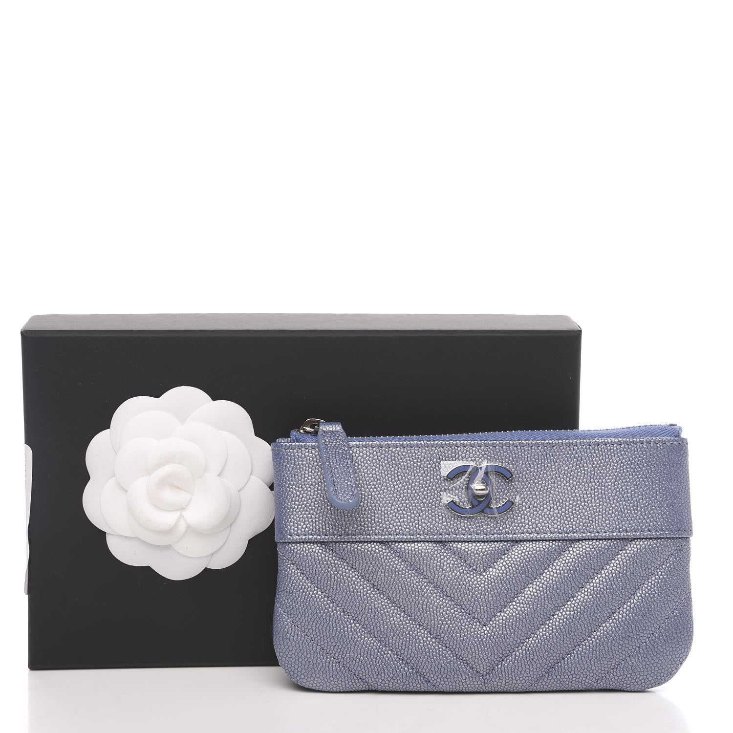 Chanel Metallic Caviar Chevron Quilted Small Vintage Mademoiselle Cosmetic Case Blue 7 of 7