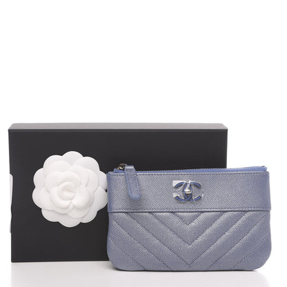 Chanel Metallic Caviar Chevron Quilted Small Vintage Mademoiselle Cosmetic Case Blue 7 of 7