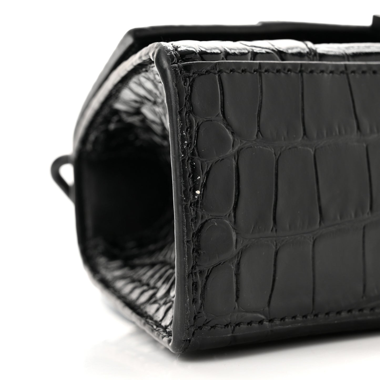 Shiny Calfskin Monochrome Crocodile Embossed Hourglass Top Handle Bag XS Black