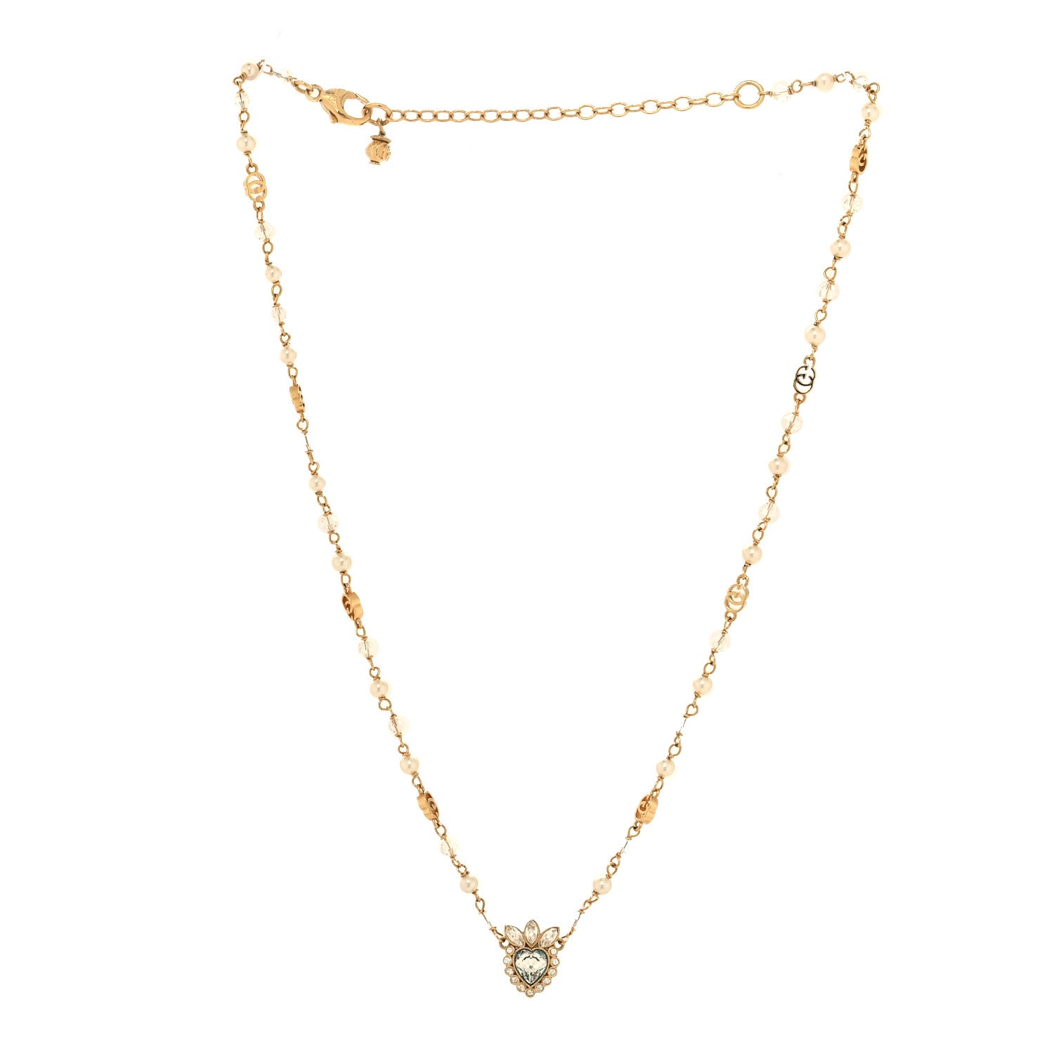 Gucci Metal Crystal Pearl Heart Necklace Gold 3 of 4