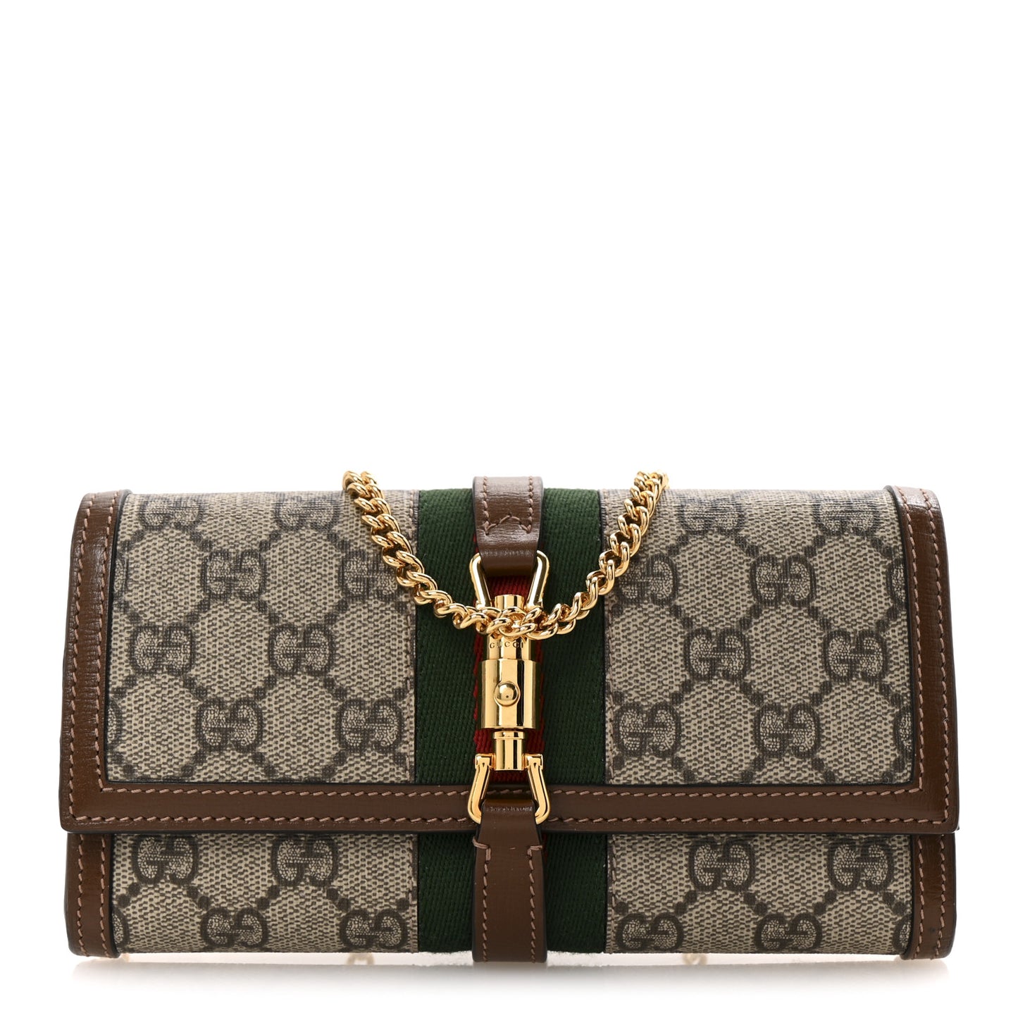 GG Supreme Monogram Azalea Calfskin Web Jackie 1961 Chain Wallet Beige Ebony Brown Sugar