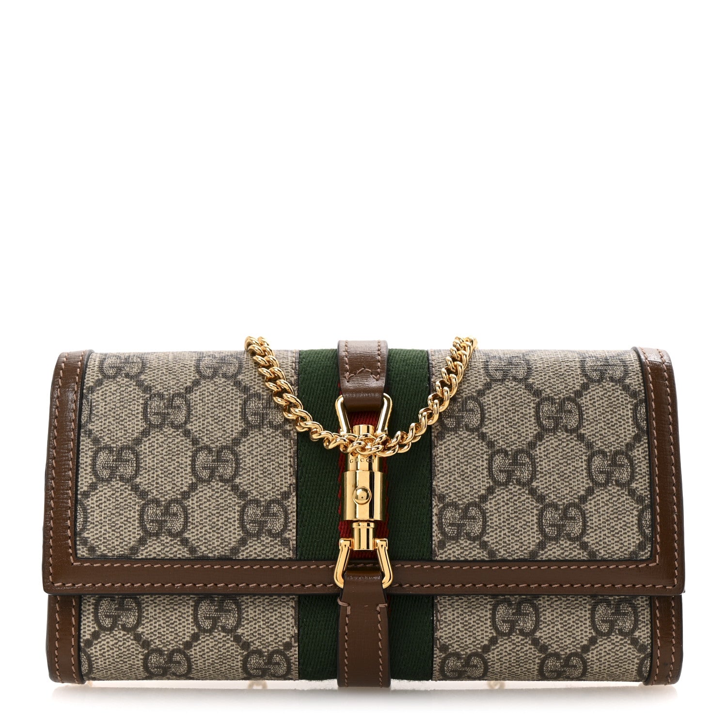 Gucci GG Supreme Monogram Azalea Calfskin Web Jackie 1961 Chain Wallet Beige Ebony Brown Sugar 1 of 10
