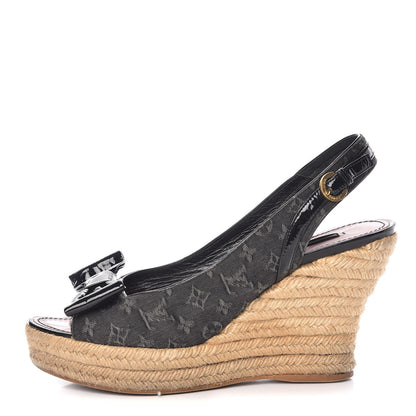 Louis Vuitton Denim Patent Monogram Bow Espadrille Wedges 38.5 Black 1 of 23