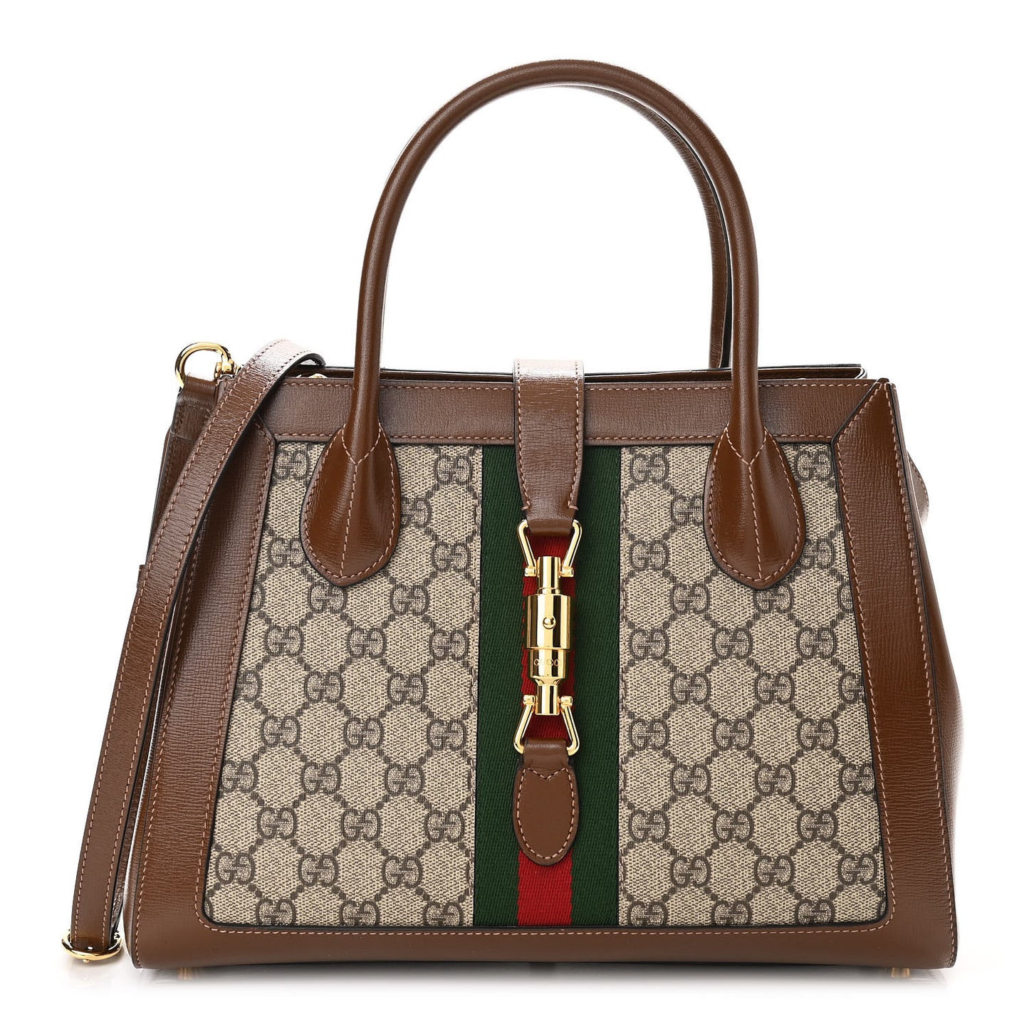 GG Supreme Monogram Azalea Calfskin Web Medium Jackie 1961 Tote Beige Ebony Brown Sugar