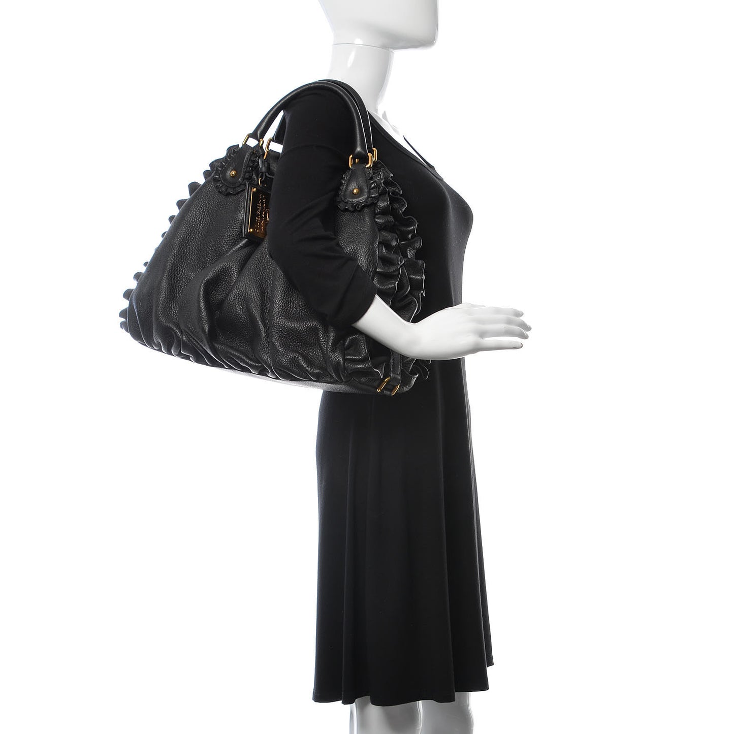 Calfskin Ruffled Miss Rouche Tote Black