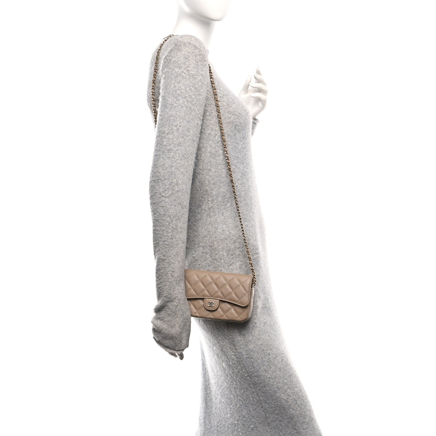 Caviar Quilted Flap Phone Holder With Chain Beige