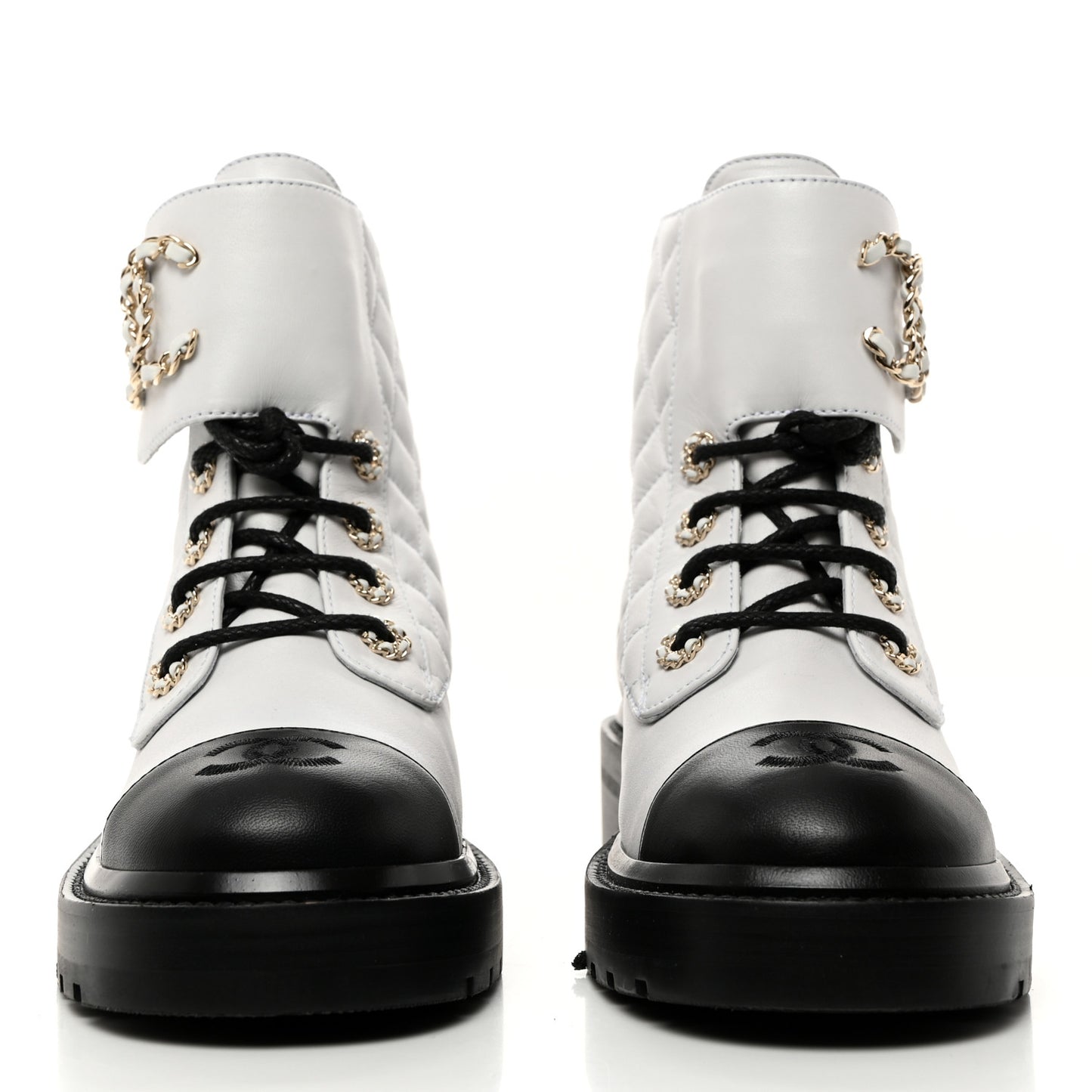 Shiny Goatskin Calfskin Quilted Lace Up Combat Boots 37 Black White