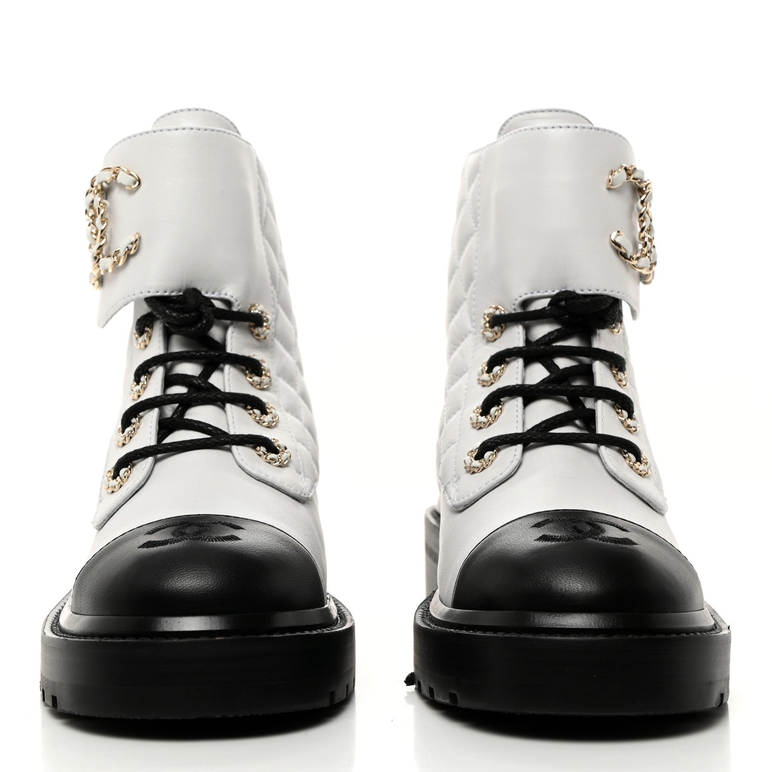 Chanel Shiny Goatskin Calfskin Quilted Lace Up Combat Boots 37 Black White 2 of 9