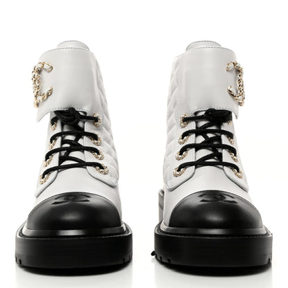 Chanel Shiny Goatskin Calfskin Quilted Lace Up Combat Boots 37 Black White 2 of 9