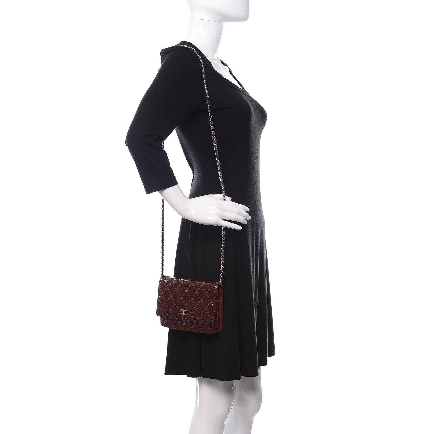 Chanel Patent Quilted Wallet On Chain WOC Burgundy 2 of 13