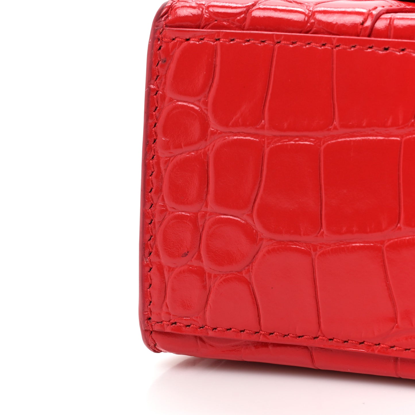 Shiny Calfskin Tonal B Crocodile Embossed Hourglass Top Handle Bag XS Bright Red