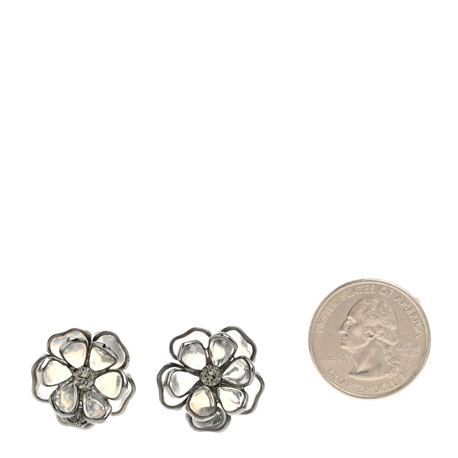 Chanel Crystal Camellia CC Stud Earrings Silver 2 of 5