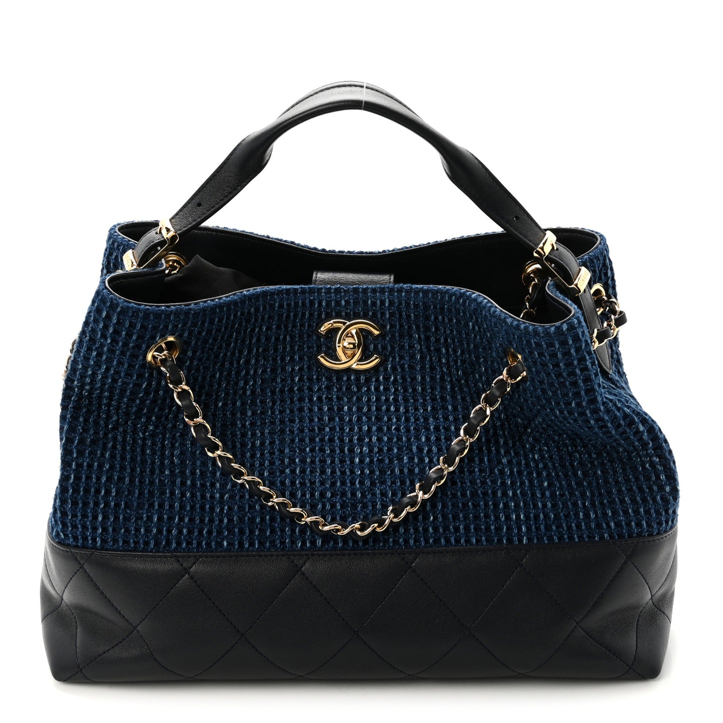 Tweed Shiny Lambskin Quilted Coco Base Small Shopping Bag Dark Blue