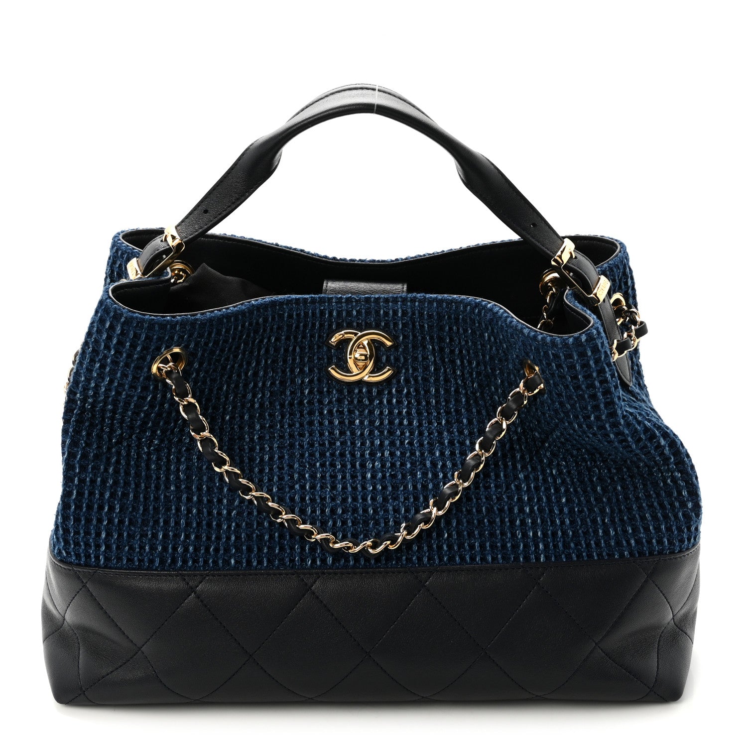 Chanel Tweed Shiny Lambskin Quilted Coco Base Small Shopping Bag Dark Blue 1 of 10