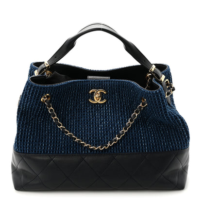 Chanel Tweed Shiny Lambskin Quilted Coco Base Small Shopping Bag Dark Blue 1 of 10